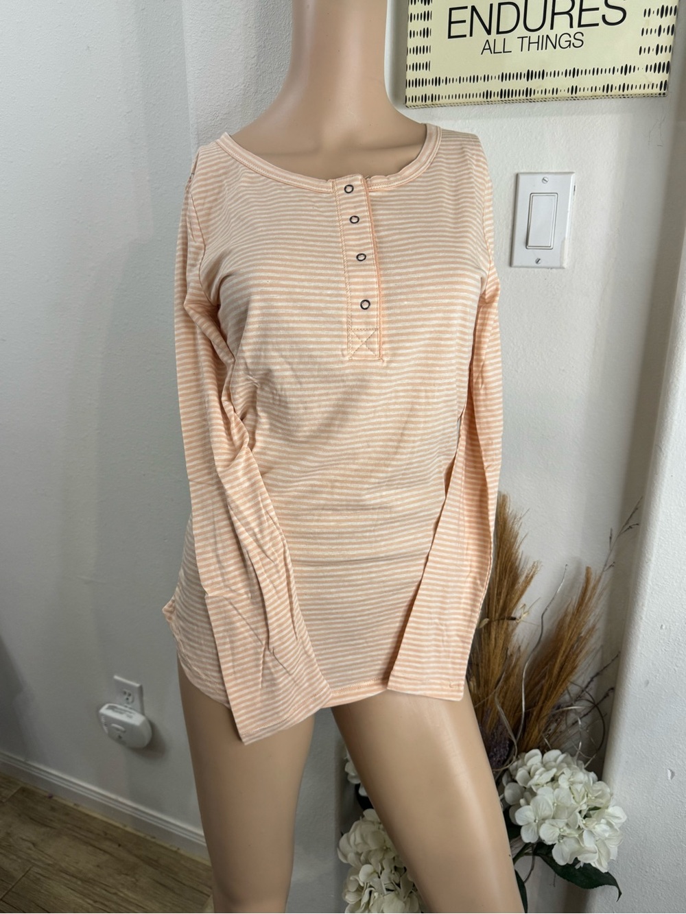 Poof! Peach Striped Long-Sleeve Henley Top